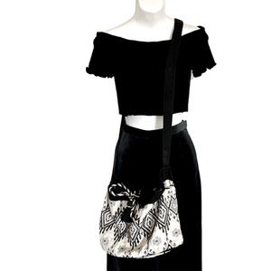 Crossbody Black White Fabric Bucket Boho Style Tote Bag Purse